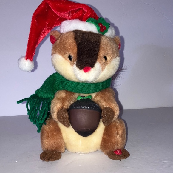 Musical Chipmunk Plush with Santa Hat and Scarf Holding Acorn - Picture 1 of 9